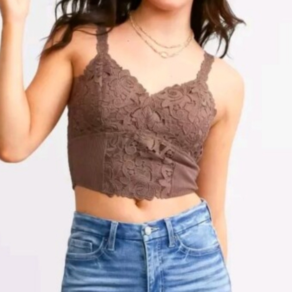 Bke Essentials Taupe Brown Floral Lace Bralette Tank Top Large